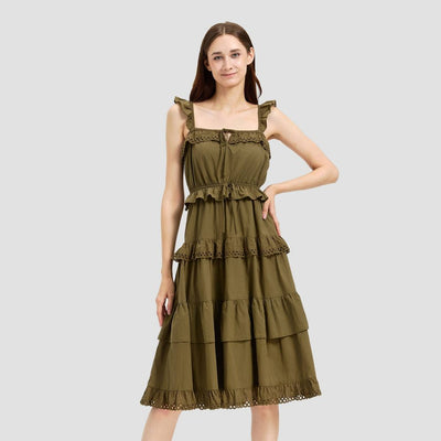 New - Women's Ruffle Sleeve Tiered Midi A-Line Dress - Universal Thread™ Olive Green XS