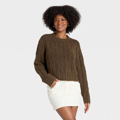 Open Box - Women's Cozy Cable Crewneck Pullover Sweater - Universal Thread™ Brown M