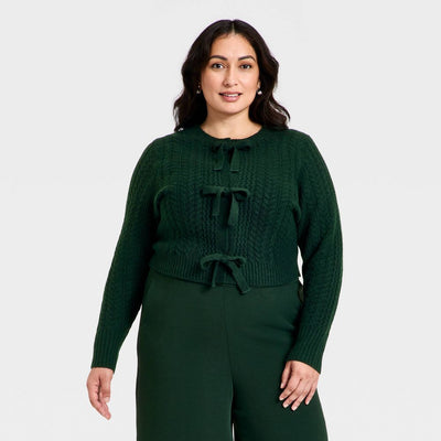 New - Women's Long Sleeve Bow Cardigan Sweater - A New Day™ Dark Green 1X