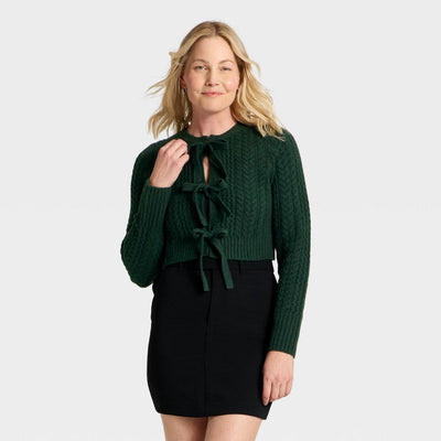 New - Women's Long Sleeve Bow Cardigan Sweater - A New Day™ Dark Green S