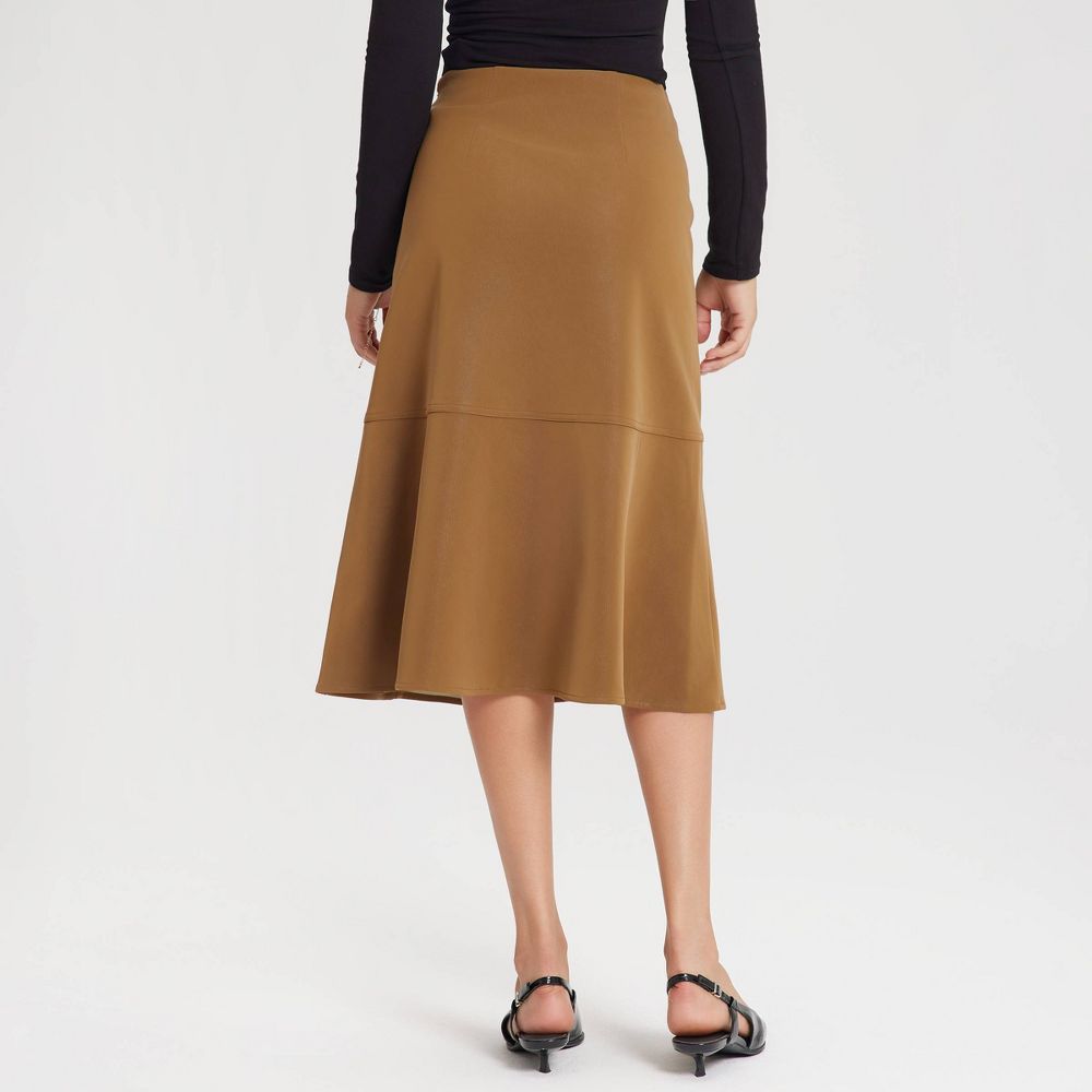 New - Women's Faux Leather Fit & Flare Midi A-Line Skirt - A New Day™ Brown 0