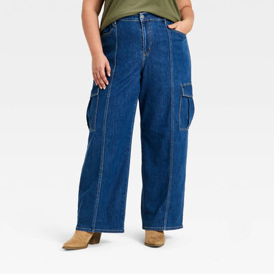New - Women's Baggy Pull-On Cargo Pants - Ava & Viv™ Blue Denim 24