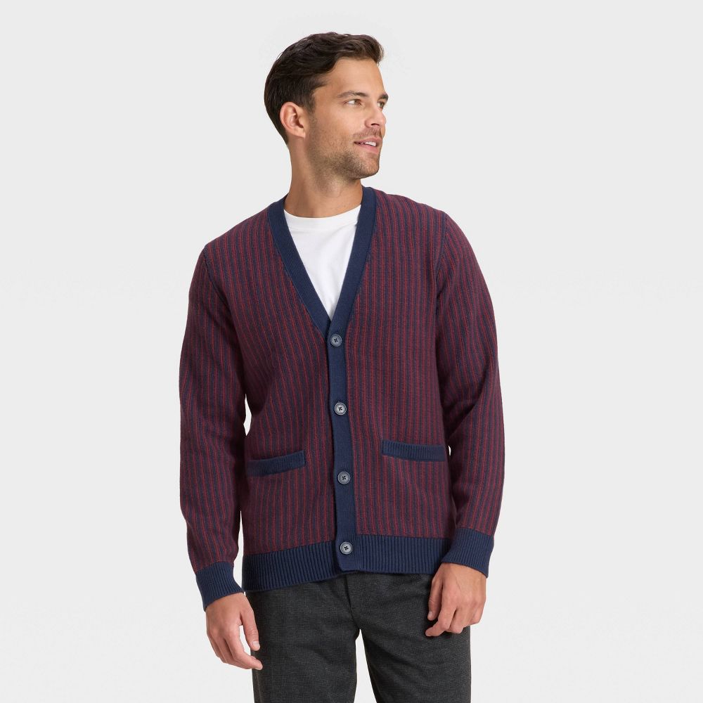 New - Men's Soft Knit V-Neck Cardigan Sweater - Goodfellow & Co™ Navy/Red Striped XXL