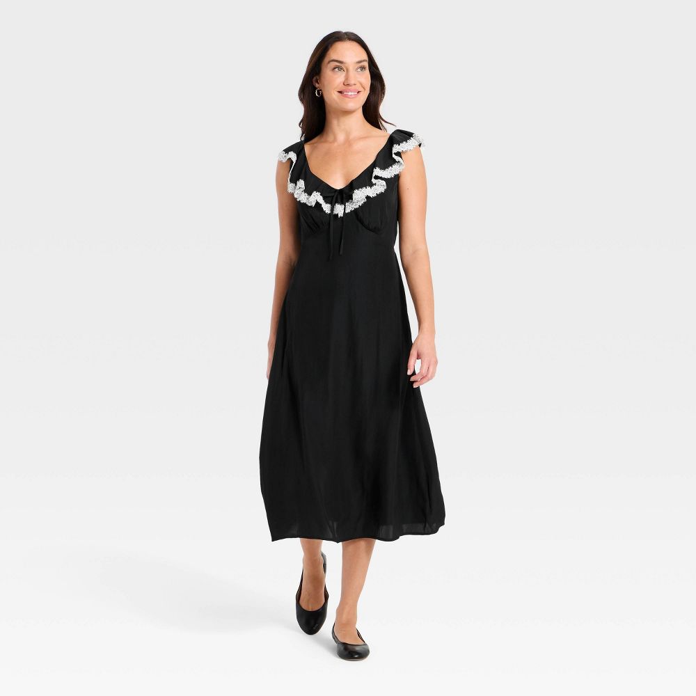 Open Box - Women's Ruffle Lace Midi A-Line Dress - Universal Thread™ Black/White XS
