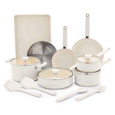 New - GreenPan Rio Advanced 16pc Ceramic Nonstick Cookware Set Cream