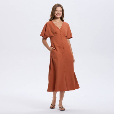 New - Women's Short Sleeve Button-Down Flared Midi A-Line Dress - A New Day™ Baked Clay XL
