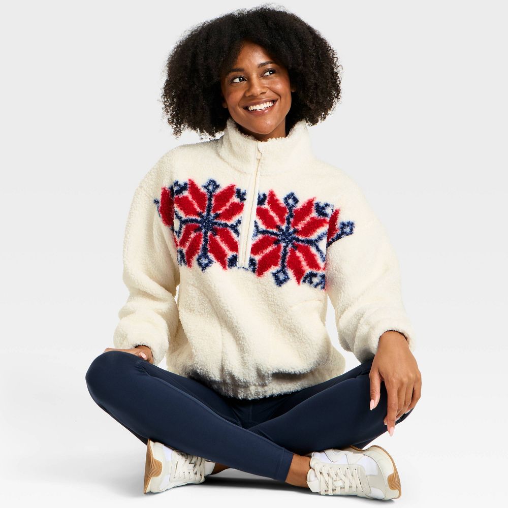 Open Box - Women's High Pile Fleece 1/2 Zip Pullover Jacket - All In Motion™ Cream/Red L