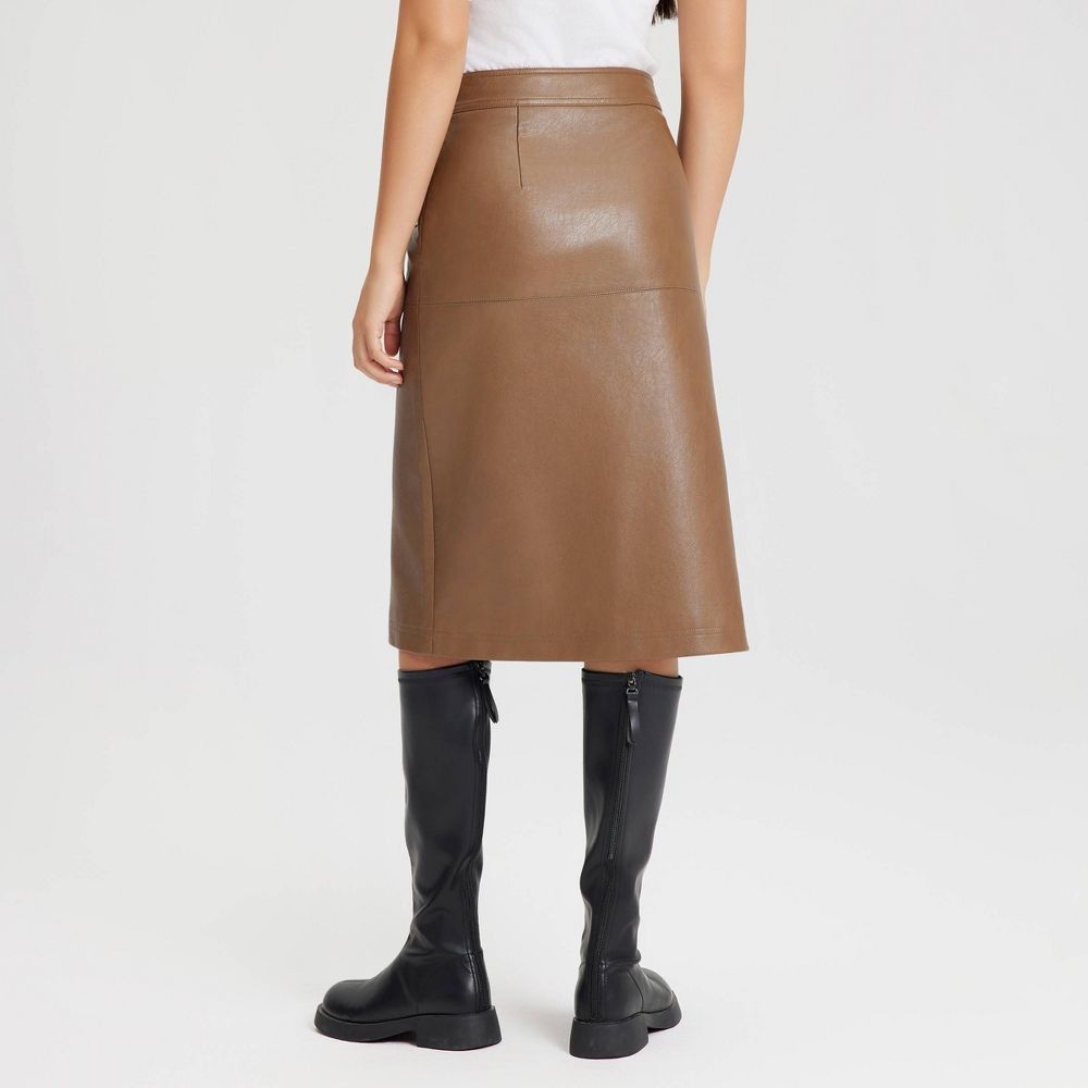 New - Women's Faux Leather Midi A-Line Skirt - Universal Thread™ Brown 12