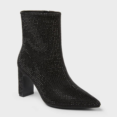 New - Women’s Gloria Low Shaft Heeled Rhinestones Boots with Memory Foam Insole - A New Day™ Jet Black 5