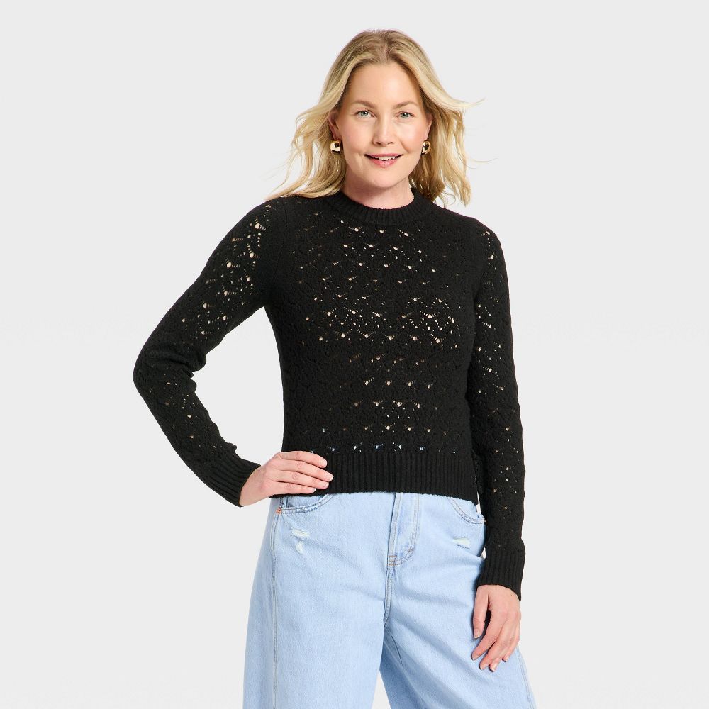New - Women's Lace Crewneck Pullover Sweater - Universal Thread™ Black L
