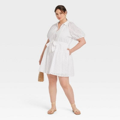 New - A New Day Women's Eyelet Ballon Short Sleeve Mini Summer Shirt Dress A New DayBullseye Deals