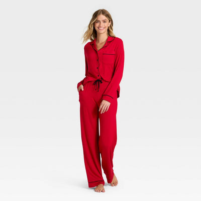 New - Women's Cloud Knit Modal Long Sleeve Notch Collar Top and Pants Pajama Set - Auden™ Red M