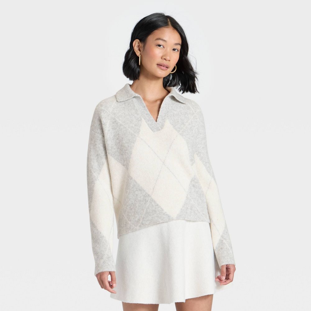Open Box - Women's Cozy Knit Polo - A New Day™ Gray/Cream Argyle XL