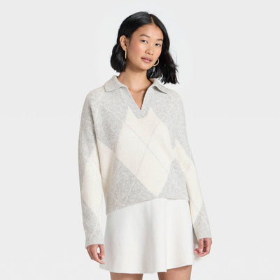 Open Box - Women's Cozy Knit Polo - A New Day™ Gray/Cream Argyle XL