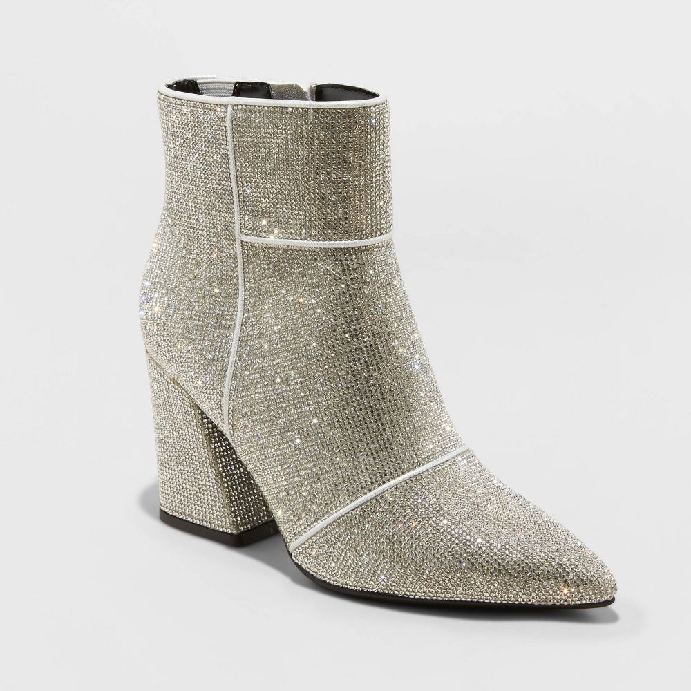 New - Women's Cailin Rhinestone Wide Width Ankle Boots - A New Day™ Silver 6W: Cushioned Insole, Block Heel