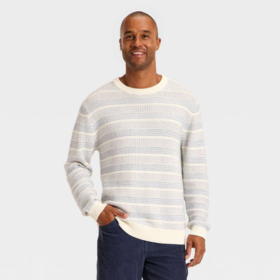 Open Box - Men's Textured Crewneck Sweater - Goodfellow & Co™ Cream/Blue Striped S