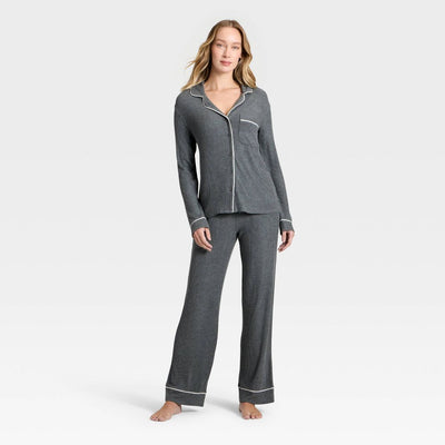 Open Box - Women's Cozy Ribbed Notch Collar Long Sleeve Shirt and Pants Pajama Set - Auden™ Dark Gray XL