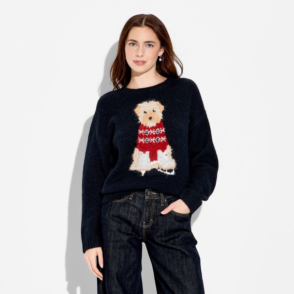 New - Women's Crewneck Pullover Heritage Novelty Sweater - Wild Fable™ Navy Blue Dogs XXS