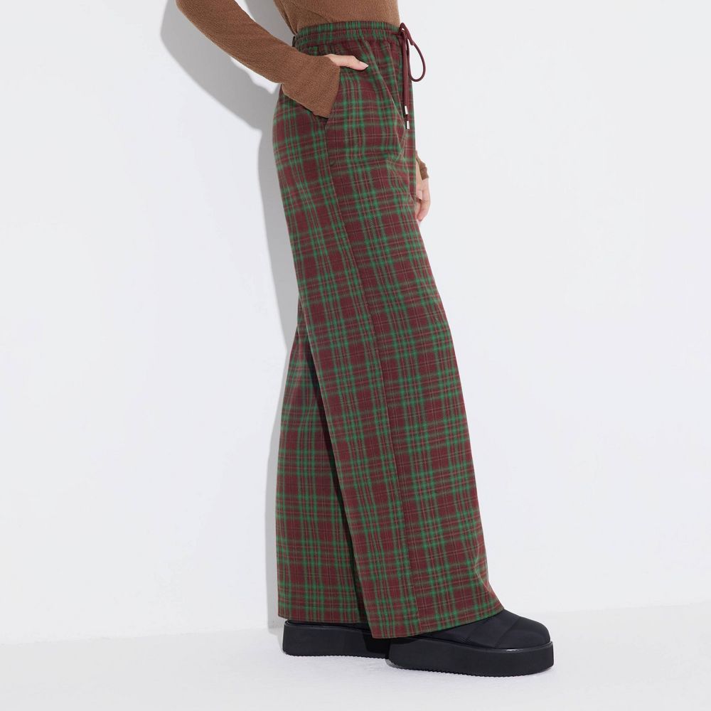 New - Women's Mid-Rise Wide Leg Pull-On Pants - Wild Fable™ Green Plaid S