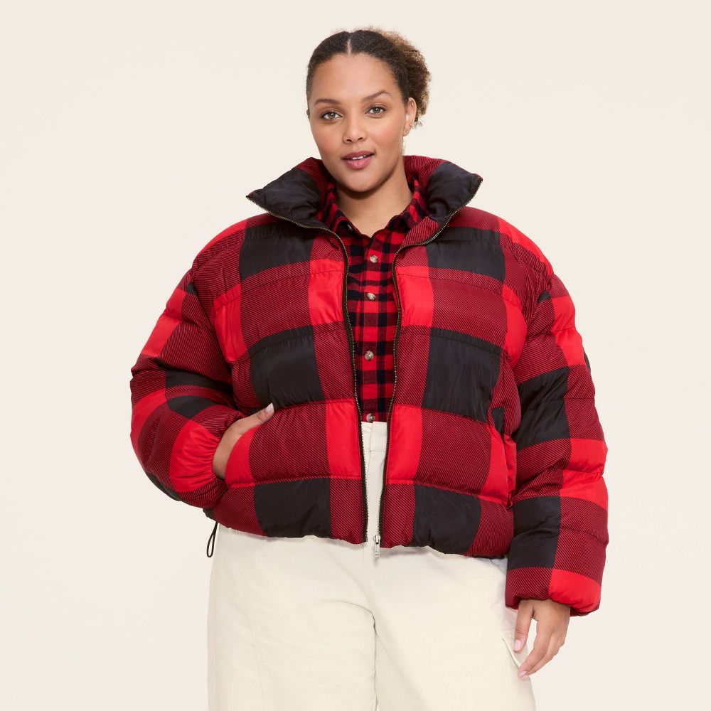 New - Women's Buffalo Check Puffer Jacket - Woolrich x Target Red/Black XXL