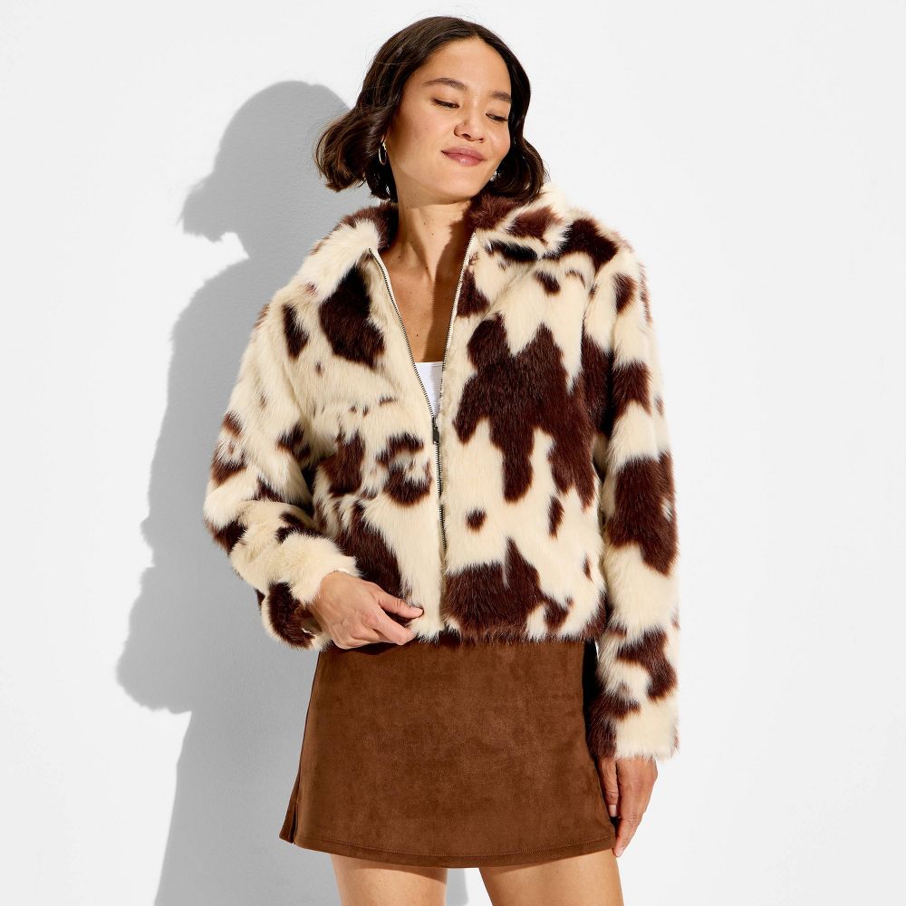 New - Women's Faux Fur Jacket - Wild Fable™ Light Brown Cow XS