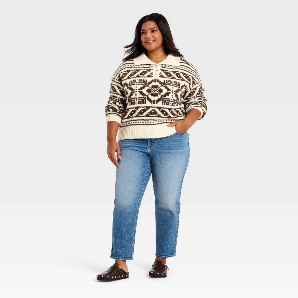 New - Women's Fairisle Henley Shawl Sweater - Universal Thread™ Brown 2X
