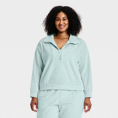 New - Women's Velour Ribbed 1/2 Zip Sweatshirt - All In Motion™ Light Aqua Blue 2X