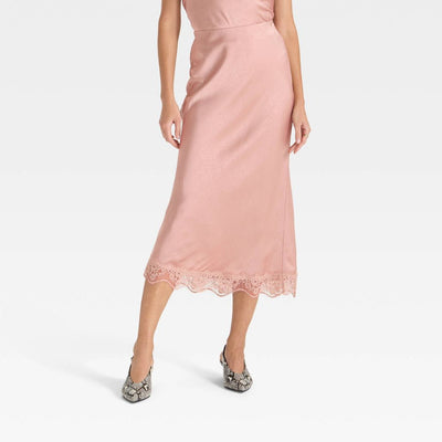 New - Women's Lace Trim Midi Skirt - A New Day™ Light Pink M