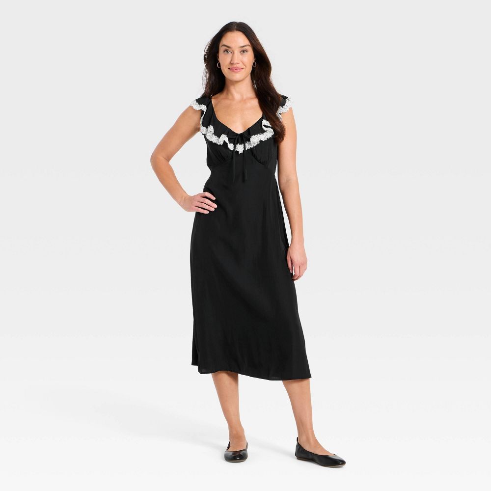 Open Box - Women's Ruffle Lace Midi A-Line Dress - Universal Thread™ Black/White XS