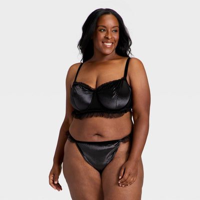 New - Women's Velvet & Mesh Pleated Lingerie Set - Auden™ Black XXL