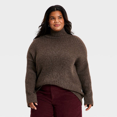 New - Women's Long Sleeve Textured Mock Turtleneck Pullover Sweater - Universal Thread™ Brown XXL