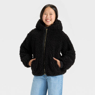 New - Girls' Faux Shearling Hooded Jacket - art class™ Black S
