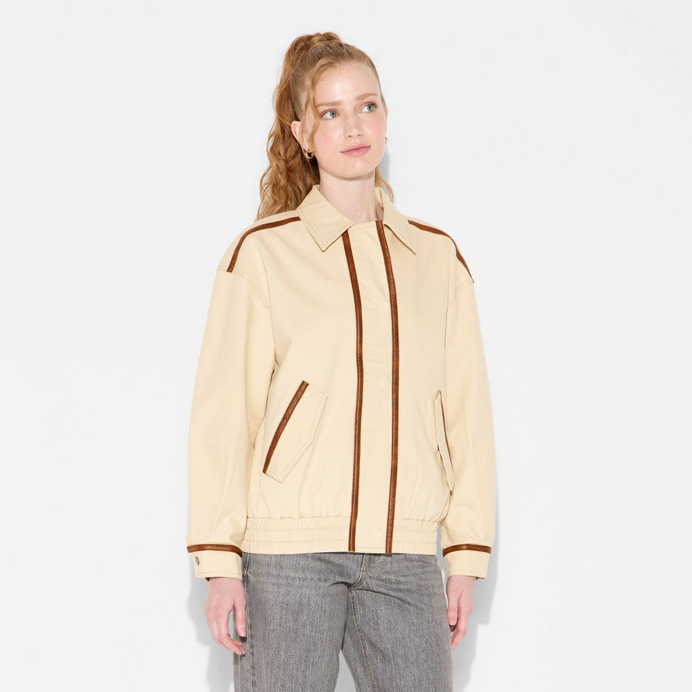 New - Women's Canvas Faux Leather Trim Bomber Jacket - Wild Fable™ Beige M