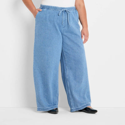 New - Women's Mid-Rise Wide Leg Denim Drawstring Pull-On Pants - Future Collective Light Blue 1X