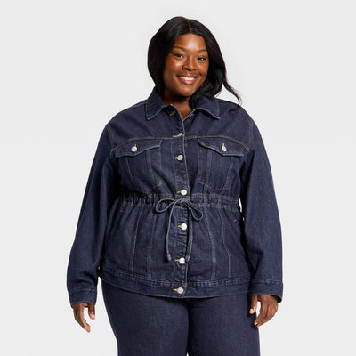 New - Women's Cinched Waist Trucker Denim Jacket - Universal Thread™ Dark Wash XXL