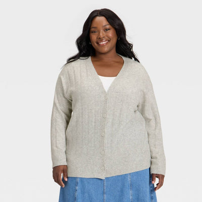 New - Women's Knit Ribbed Cardigan Sweater - Universal Thread™ Heather Gray 2X