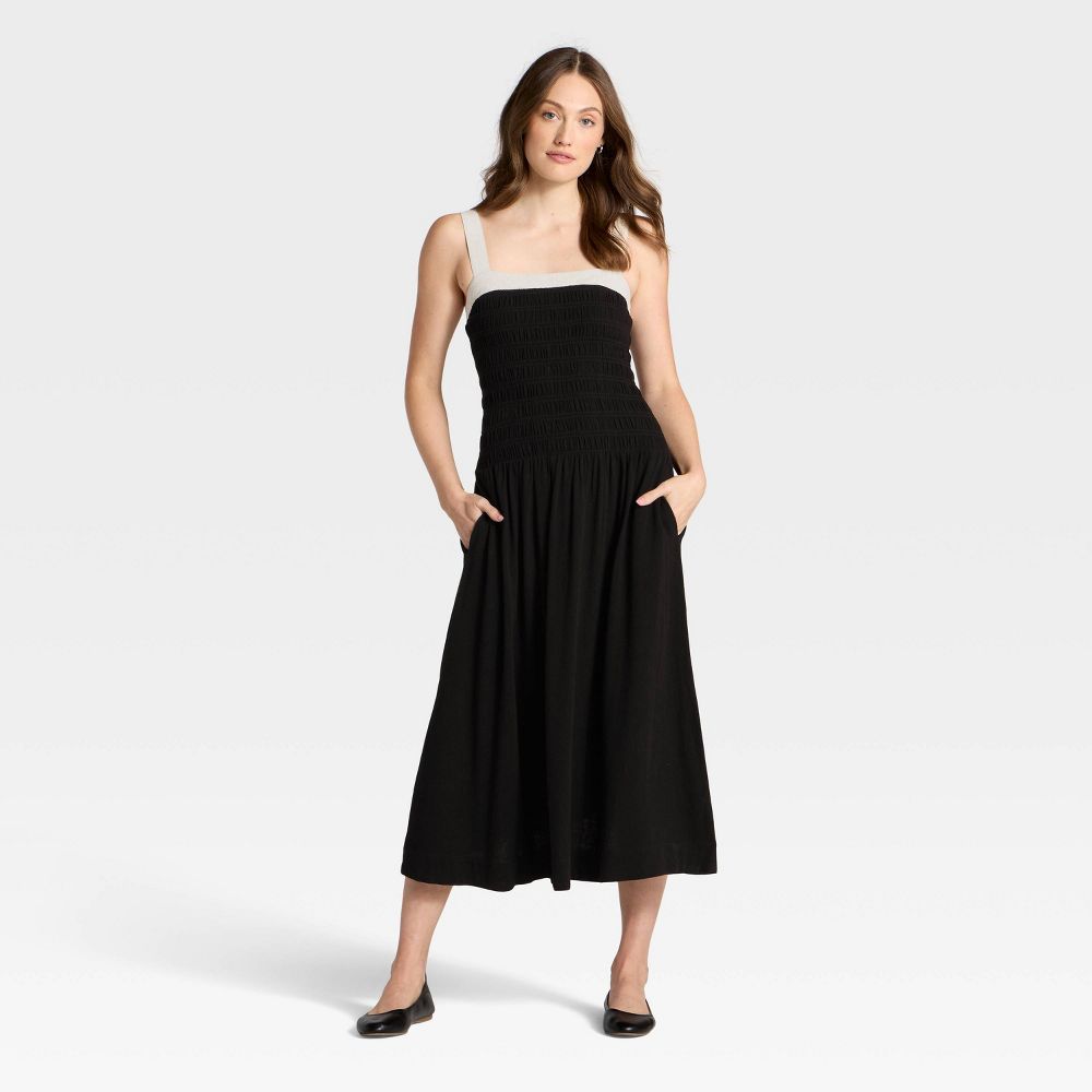 New - Women's Smocked Midi A-Line Dress - Universal Thread™ Black M
