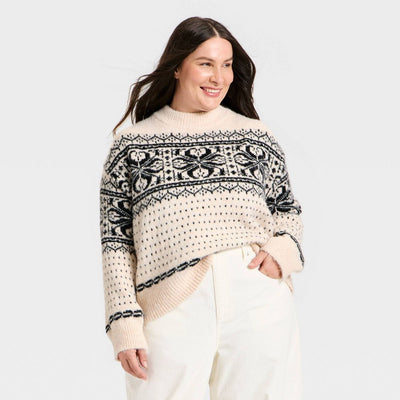 New - Women's Cozy Alpine Snowflake Crewneck Pullover Sweater - Universal Thread™ Cream XXL