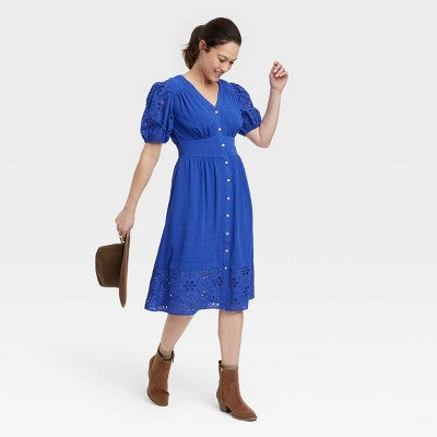 Knox Rose Women's Short Puff Sleeve Eyelet Midi Dress Smocked Waist Knox RoseBullseye Deals