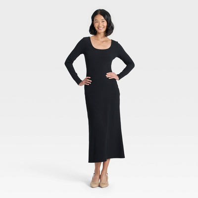 New - Women's Long Sleeve Rib-Knit Maxi Dress - A New Day™ Black L