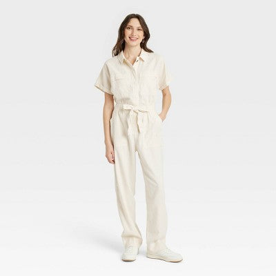 New - Universal Thread Women's Short Sleeve Linen Boilersuit Casual Jumpsuit Universal ThreadBullseye Deals