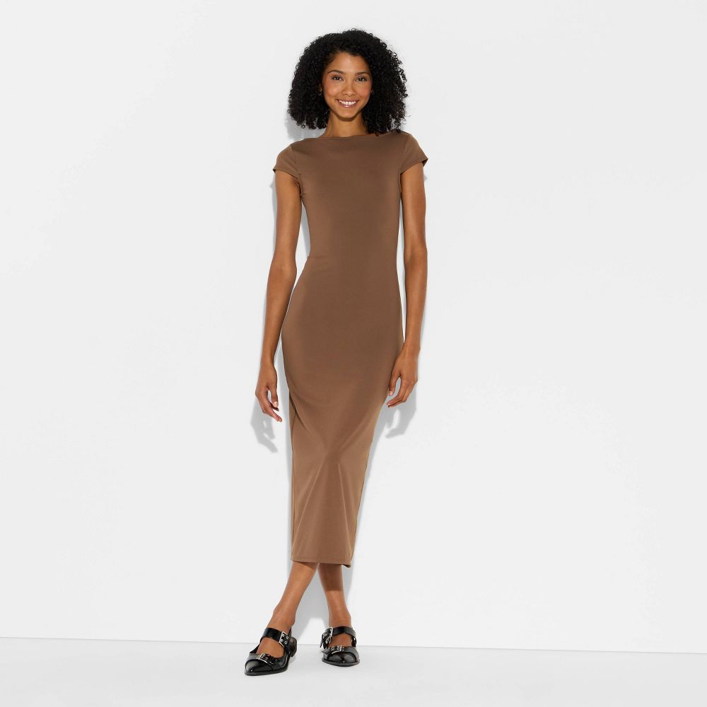 New - Women's Backless Cap Sleeve Midi Bodycon Dress - Wild Fable™ Brown XL