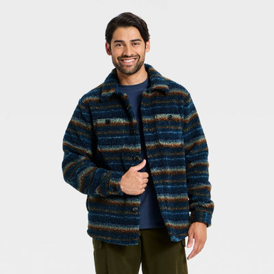 New - Men's Vintage High Pile Full Button Jacket - Goodfellow & Co™ Dark Blue Striped S