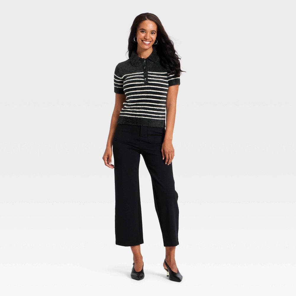 New - Women's Short Sleeve Polo Collar Fuzzy Polo T-Shirt - A New Day™ Black Striped M