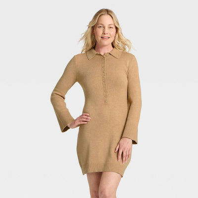 New - Women's Long Sleeve Sweater Dress - A New Day™ Light Heather Brown L