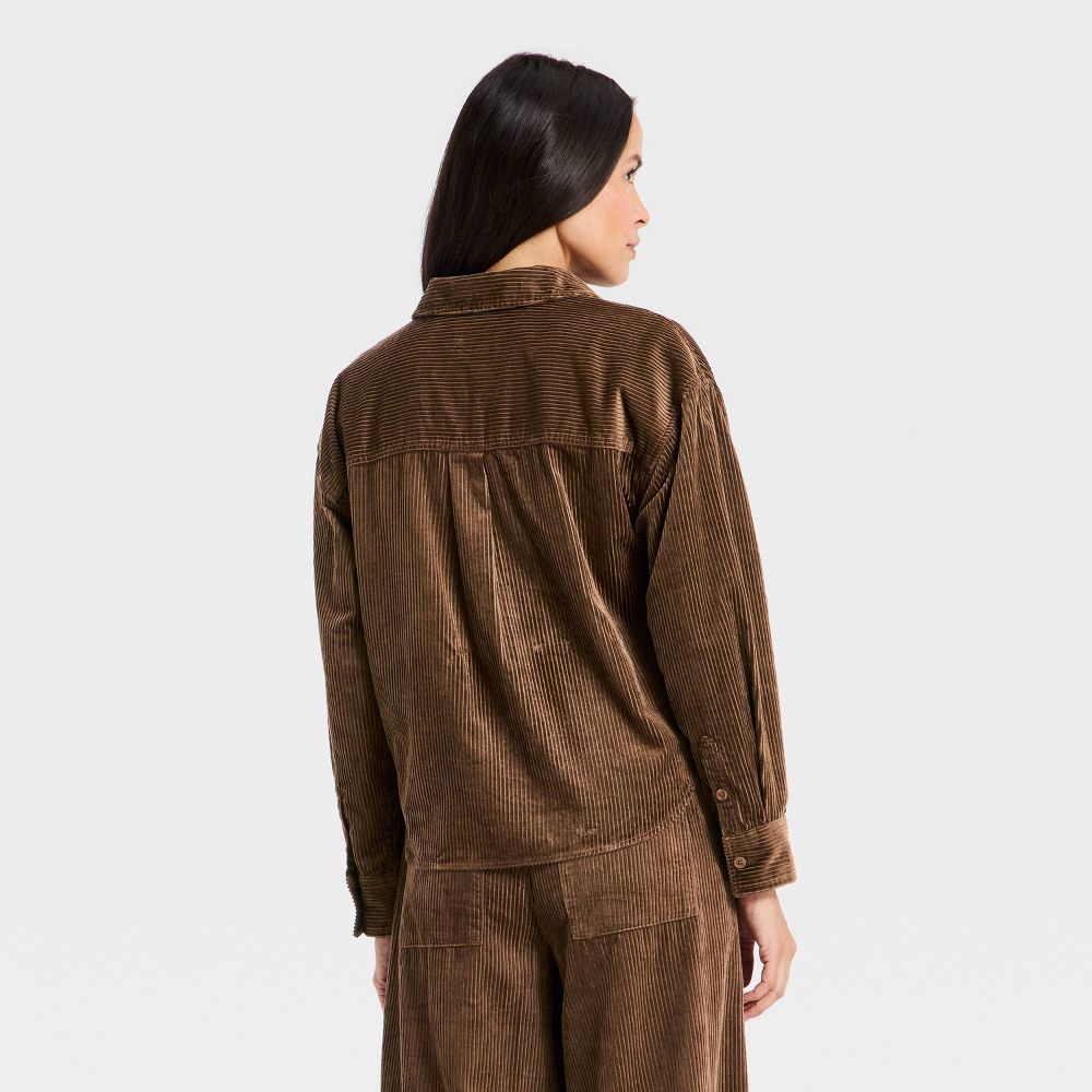 New - Women's Long Sleeve Cropped Corduroy Collared Neck Button-Down Shirt - Universal Thread™ Brown XL