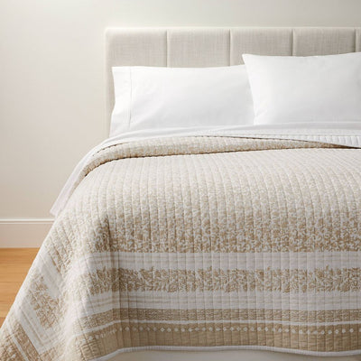 Open Box - King Decorative Border Cotton Slub Wood Block Print Quilt White/Beige Floral - Threshold™ designed with Studio McGee: OEKO-TEX Certified