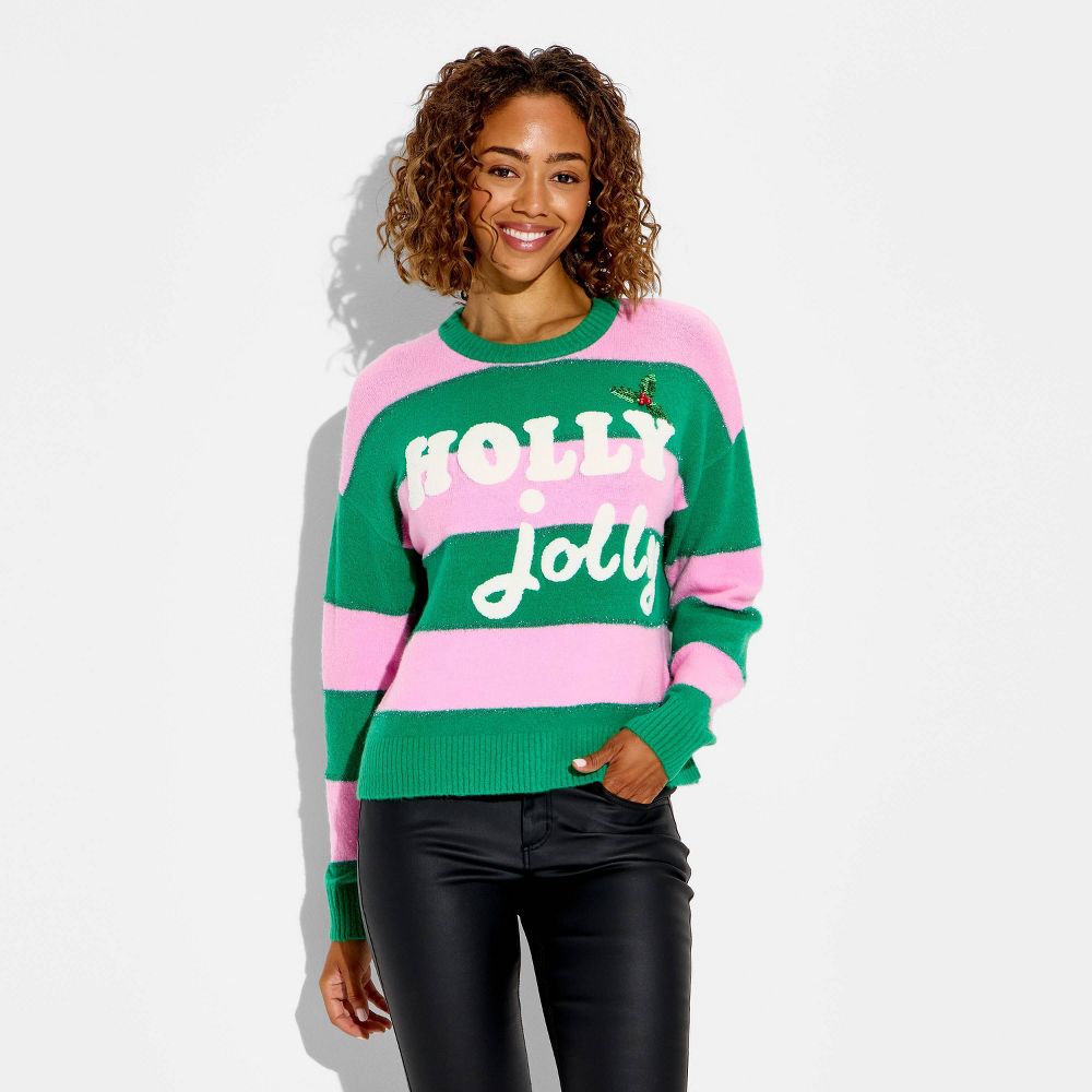 New - Women's Holly Jolly Festive Graphic Sweater - Multicolor Striped L