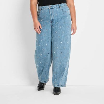 New - Women's Mid-Rise Studded Barrel Leg Jeans - Future Collective Blue Denim 18