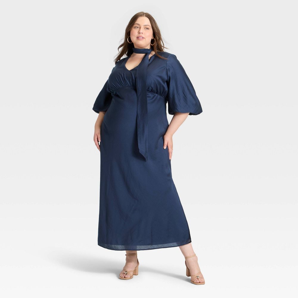New - Women's Tie Neck Maxi Dress - A New Day™ Navy Blue 4X